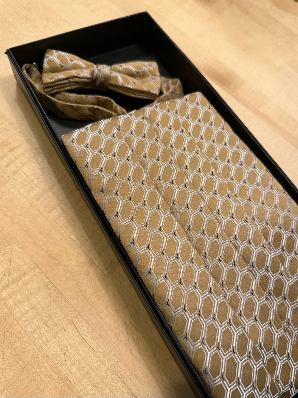 Gold Geometric Bow Tie and Cummerbund Set